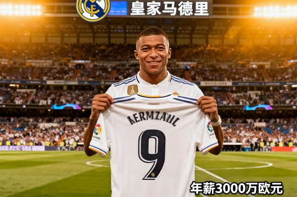 姆巴佩正式亮相伯纳乌球场，展示皇马9号球衣，签约五年至2030年，年薪3000万欧元